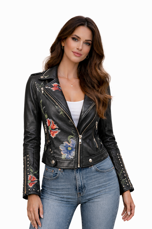 Chaqueta de cuero con flores bordadas para mujer